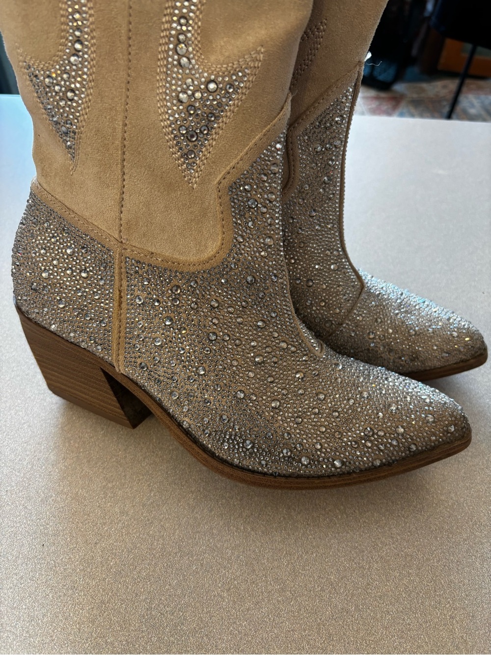 Madden NYC Embellished Cream Suede Western Tall Boots - Picture 6 of 14